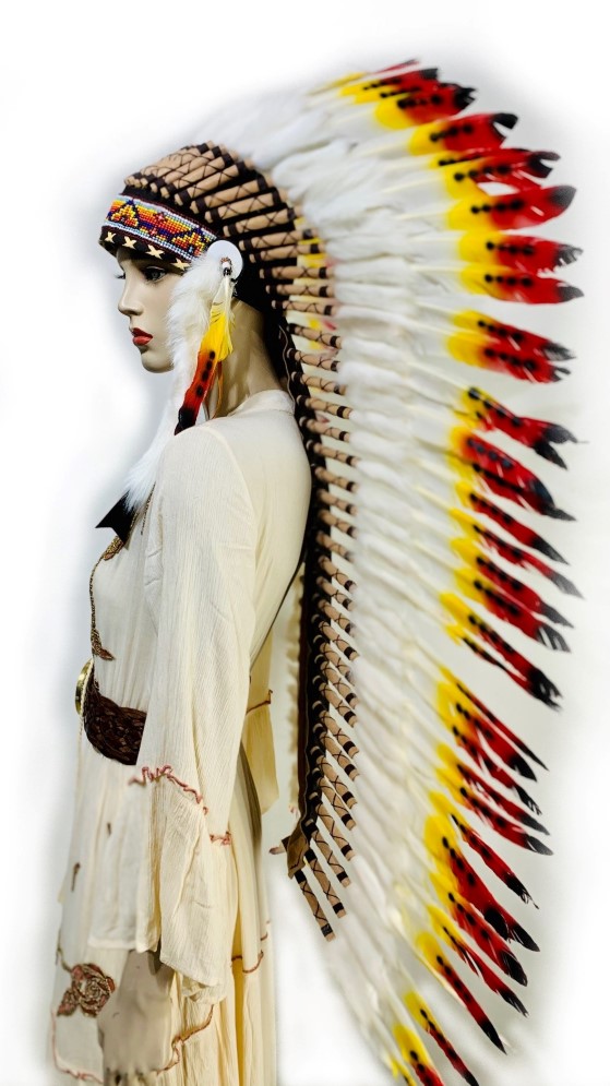 Sombrero Indio, Penacho, Tocado de plumas de color blanco con